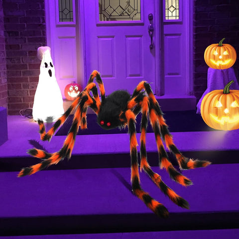 AMLOOPH Giant Spider Halloween Decorations 150cm Orange & Black – Realistic Furry Spider with Cobweb, Mini Spiders & 3D Bats for Indoor & Outdoor Halloween Displays