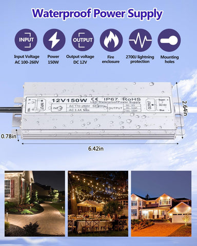 Waterproof power supply with specifications and usage examples on a blue background