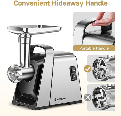 AAOBOSI 3000W Electric Meat Grinder, Powerful Meat Mincer with 2 Blades, 4 Grinding Plates, Sausage Maker & Kibbe Kit – Silver