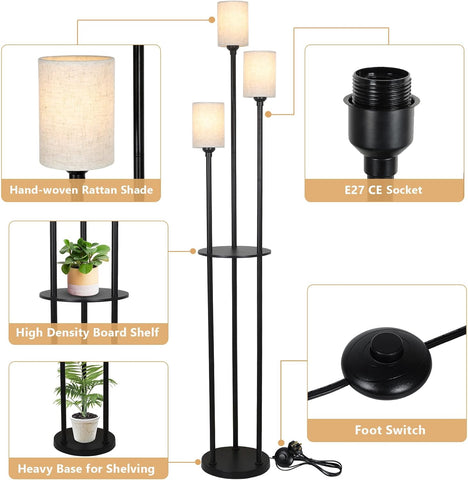 Floor Lamp with Shelves, Modern 3-Light Standing Lamp with Linen Shades and Foot Switch, Black Industrial Tall Lamp for Living Room