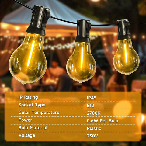 Three illuminated outdoor string lights with technical specifications displayed on a blurred background.