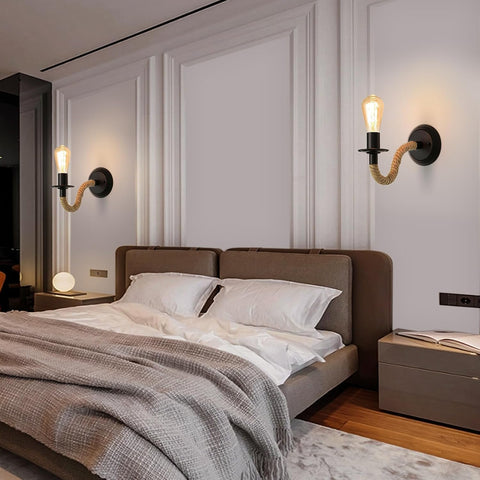 2 Packs Wall Lamp, Industrial Wall Light Sconce Fixture, E27 Hemp Rope Retro Adjustable Wall Lamp for Corridor Living Room Bedroom Cafe Bar Loft