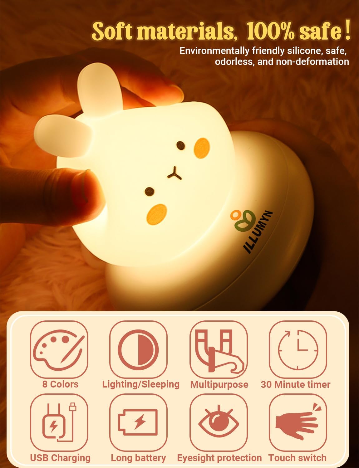 Cute animal-shaped night light with soft materials and safety features, held by a hand.