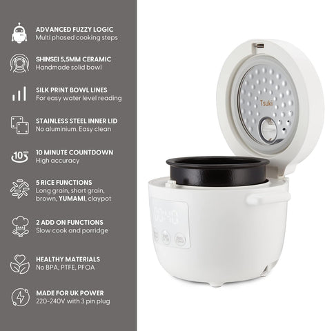 Yum Asia Tsuki Mini Rice Cooker – Pebble White – 2.5 Cups – Ceramic Bowl