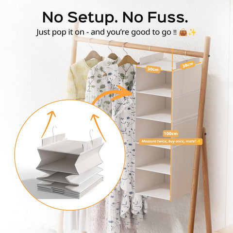 Extra Deep 6-Shelf Hanging Wardrobe Organiser, Grey – Heavy-Duty Foldable Clothes Storage with 4 Large Mesh Pockets