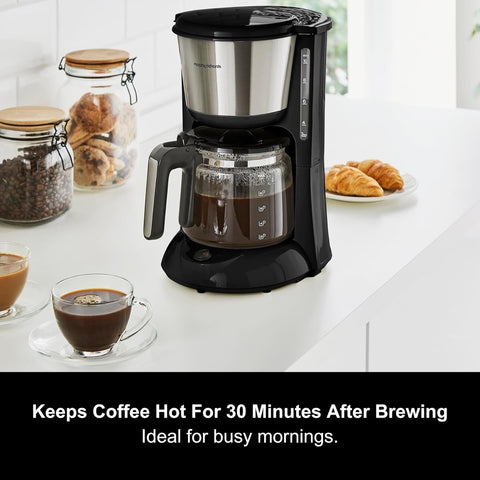 Equip 10 Cup Filter Coffee Machine with Pour Over Technology, Aroma Blender & Keep Warm Function – 1.2L Drip Coffee Maker with Reusable Filter, Anti-Drip Design & Easy View Water Level, Black/Brushed Steel
