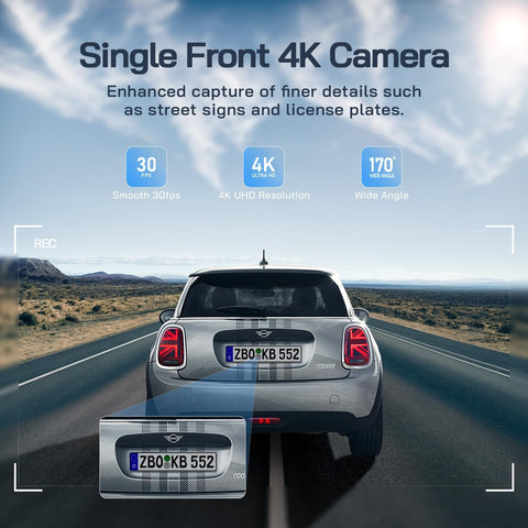 WOLFANG 4K Front & Rear Dash Cam with WiFi, Night Vision, Black