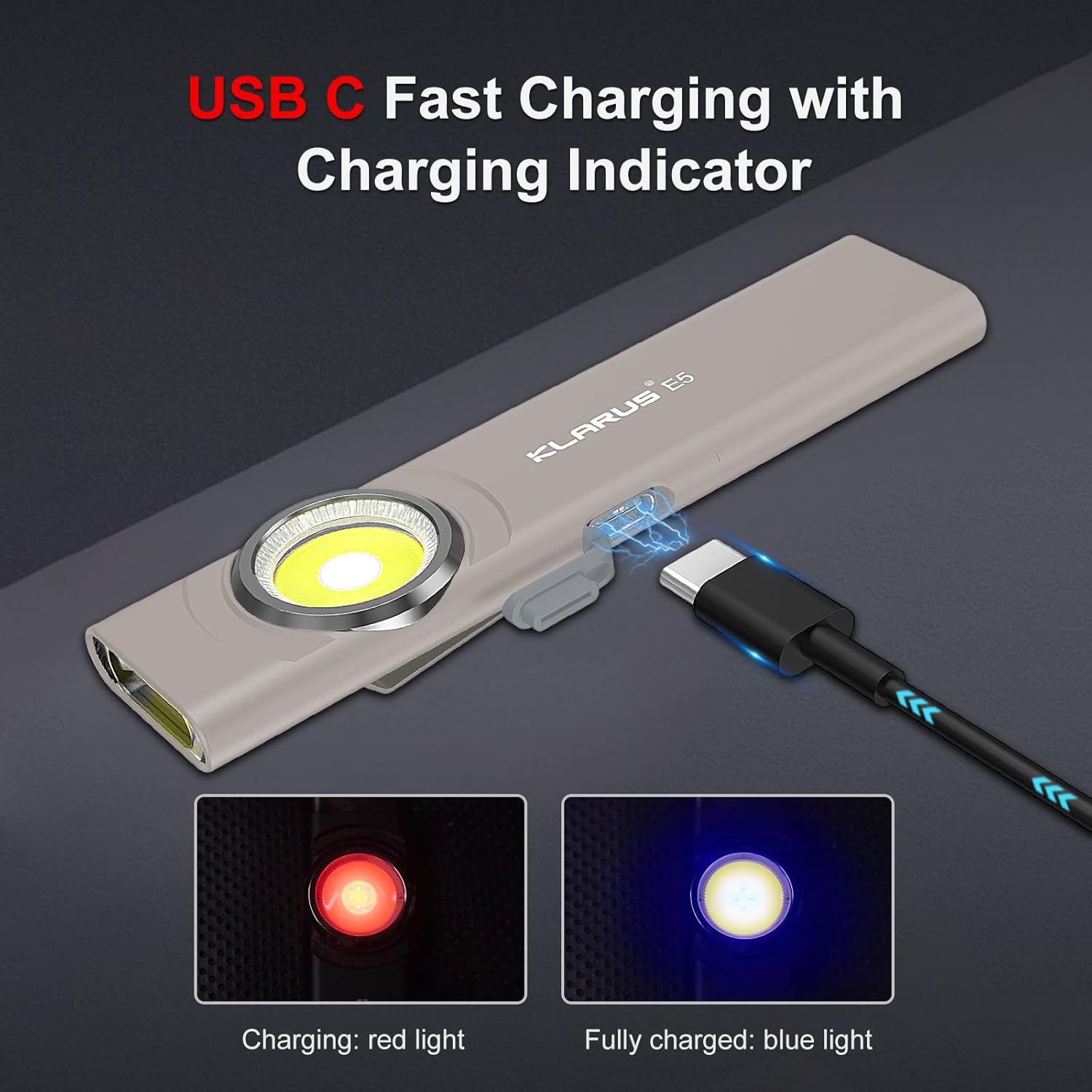 USB C fast charging device with charging indicator on a dark background