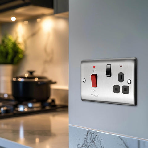Cooker Switch with Socket and LED 45A Brushed Steel