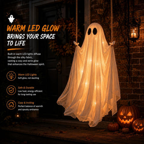 Halloween Light Up Swinging Ghost Hanging Decoration – Large Cloth Specter with Warm White LED Light for Outdoor Trees, Gardens, Porches & Halloween Parties