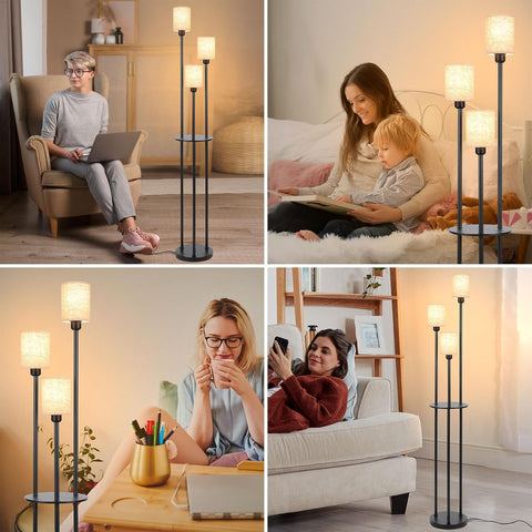 Collage of a floor lamp in various home settings with people using it.