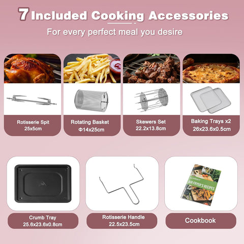 12L Air Fryer Oven with Rotisserie – 12 Presets, 1800W, 90-Min Timer, Oil-Free Cooking, 6 Accessories, Pink
