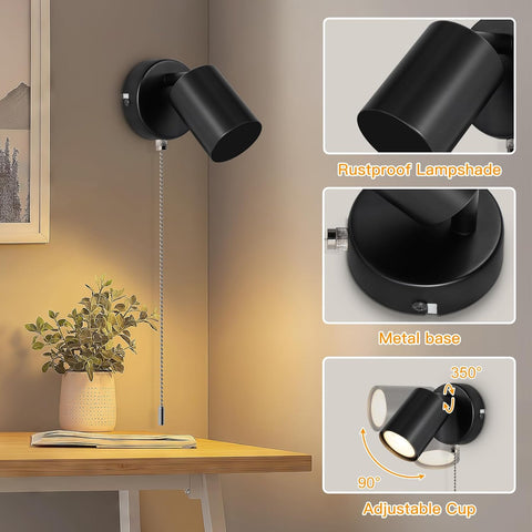 Adjustable Indoor Wall Lamp - GU10 Modern Wall Lights for Living Room - with Pull Cord Switch - Black Wall Spotlight Fixtures - Wall Sconces for Bedroom Bedside Hallway - Bulb Not Included