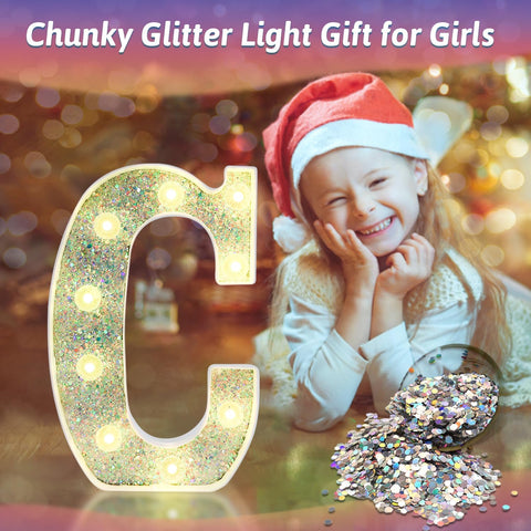C Style Color Changing LED Letter Light, Glitter Marquee Lamp with 18 Colors, Remote Controlled, Battery Powered Decorative Letter Light for Party, Wedding, Birthday and Home Decor
