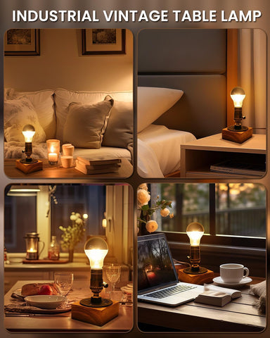 Vintage Industrial Table Lamp with 4W LED E27 Bulb – Wooden Retro Bedside & Desk Lamp with Warm 2700K Light, UK 3-Pin Plug & Inline Switch