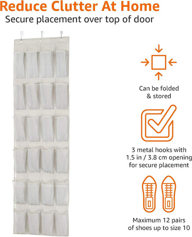 Amazon Basics 24-Pocket Over Door Shoe Organiser, Light Grey Mesh Hanging Storage Rack for 12 Pairs of Larger Shoes, Space-Saving Door-Mounted Storage