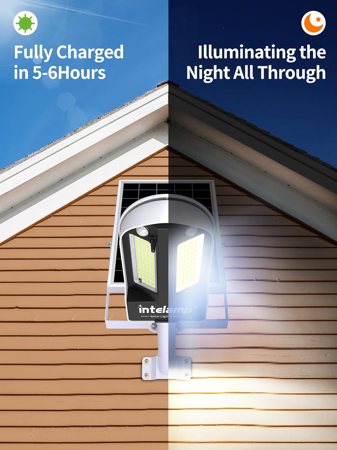 Solar light fixture on a house exterior with text about charging time and night illumination.