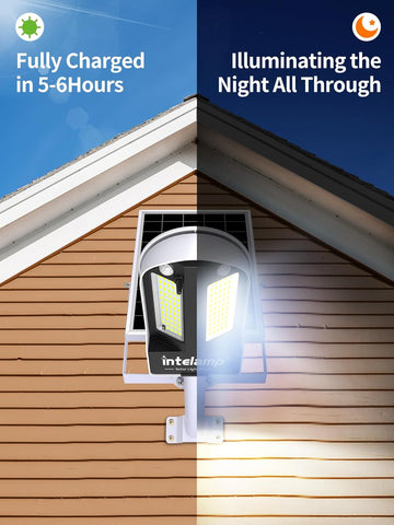 Solar light fixture on a house exterior with text about charging time and night illumination.