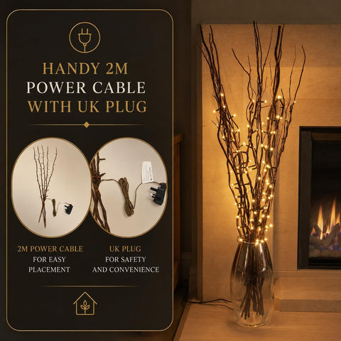 Festive Lights 5 x 87cm Brown Willow Twig Branch Lights – 50 Warm White LED Indoor Decorative Lights for Vases, Tables, Bedrooms & Living Rooms