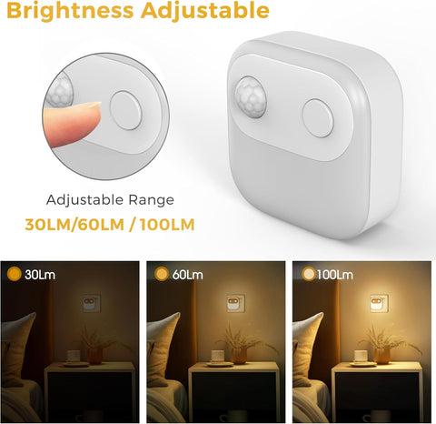 LED Motion Sensor Night Light, 2 Pack Plug-In, 3000K Warm White, 30/60/100lm Adjustable Brightness, Auto On/Off with Motion Sensor & Dusk to Dawn Sensor for Hallway