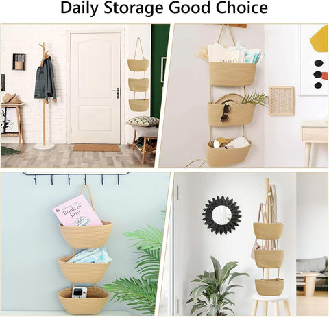 TFLPUO 3-Tier Hanging Storage Baskets, Khaki Cotton Rope Woven Door and Wall Organiser for Bedroom, Bathroom, Kitchen and Nursery