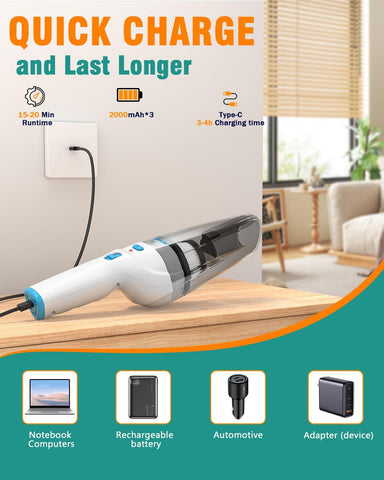 Cordless Handheld Vacuum Cleaner 9500PA, Powerful Suction Portable Car Vacuum, Lightweight Mini Cleaner for Car, Home & Pet Hair (Blue)