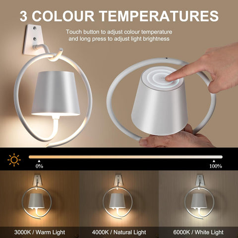 Battery Operated Wall Lights, 2 Pack Rechargeable Wall Light Indoor with 3 Color Temperatures, Dimmable Wireless LED Wall Lamps IP54 Waterproof Wall Sconce Lights for Bedroom, Living Room(White)