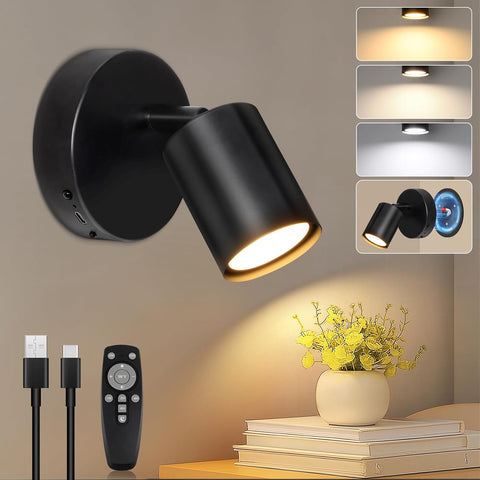 LED Battery Operated Wall Lights Indoor, Rotatable Wireless Rechargeable Wall Lamp, 3 Color Temperatures & Stepless Dimming, Black Magnetic Wall Lights with Remote for Living Room Corridor