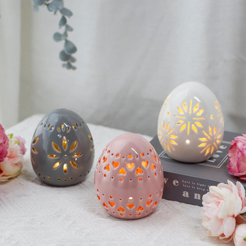 Set of 3 Ceramic Floral Carved Decorative Table Lamps, Battery Powered Cordless Mood Lanterns for Bedroom, Living Room, Weddings & Events (Egg Design)