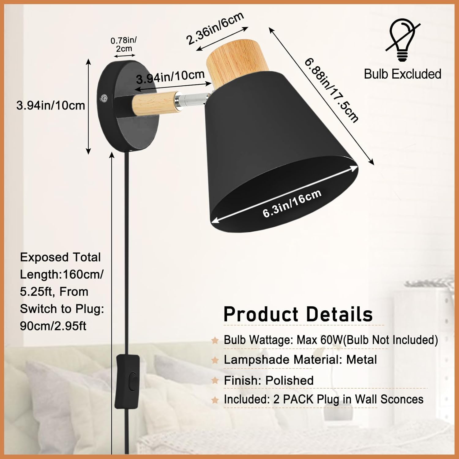 Wall sconce with dimensions and product details on a light background