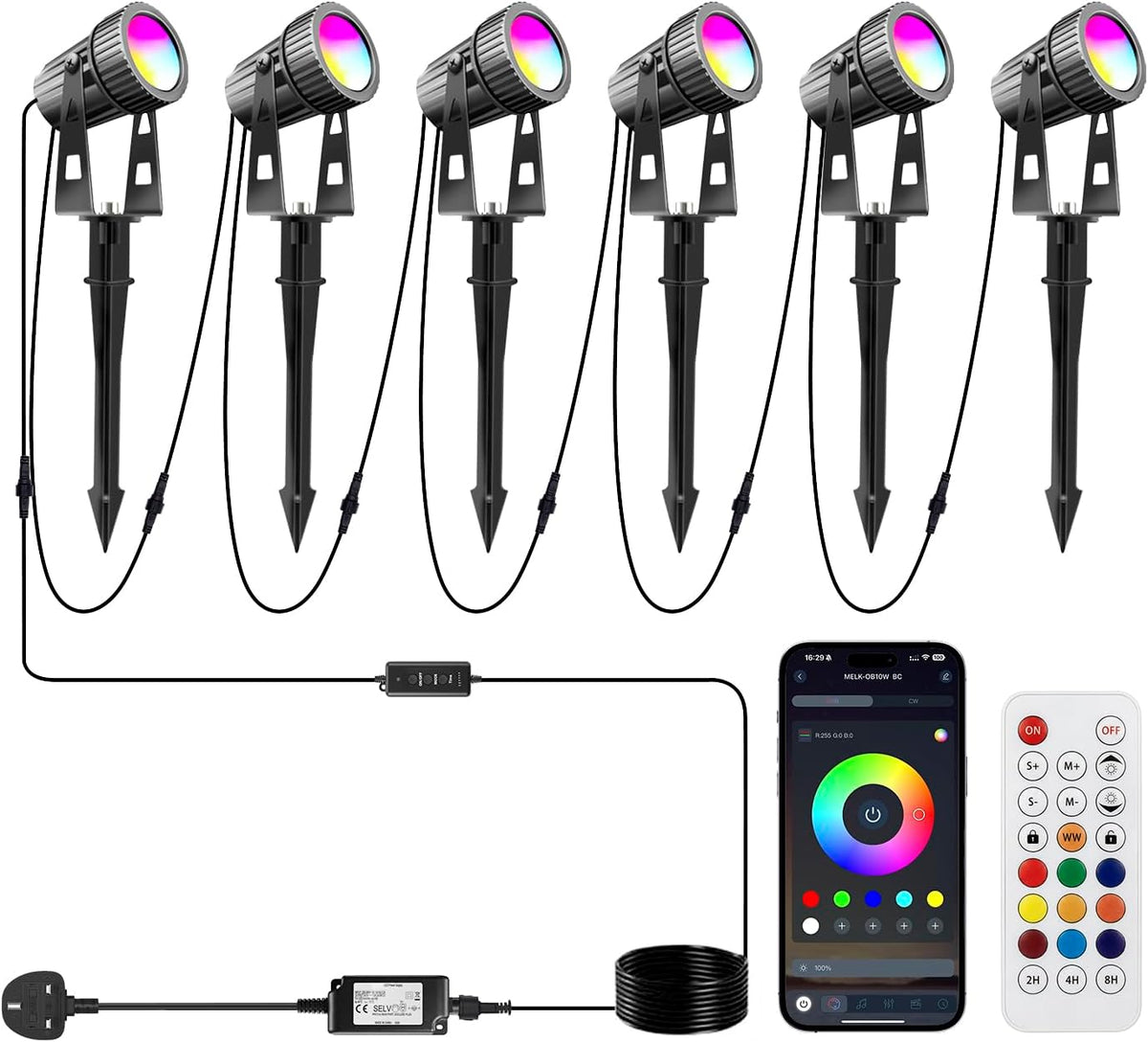 6Pack LED Garden Spike Lights Mains Powered, 24V RGB + Warm White