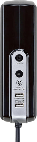 Masterplug Six Socket Switched Inline Power Surge Protected Extension Lead with Two USB Charging Ports, 2 Metres, Gloss Black