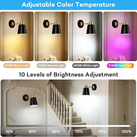 Battery Operated Wall Lights Indoor Rechargeable Wall Lights, Wireless Wall Sconces Set of 2, with Detachable Bulbs and Remote, Black Wall Light for Bedroom Living Room
