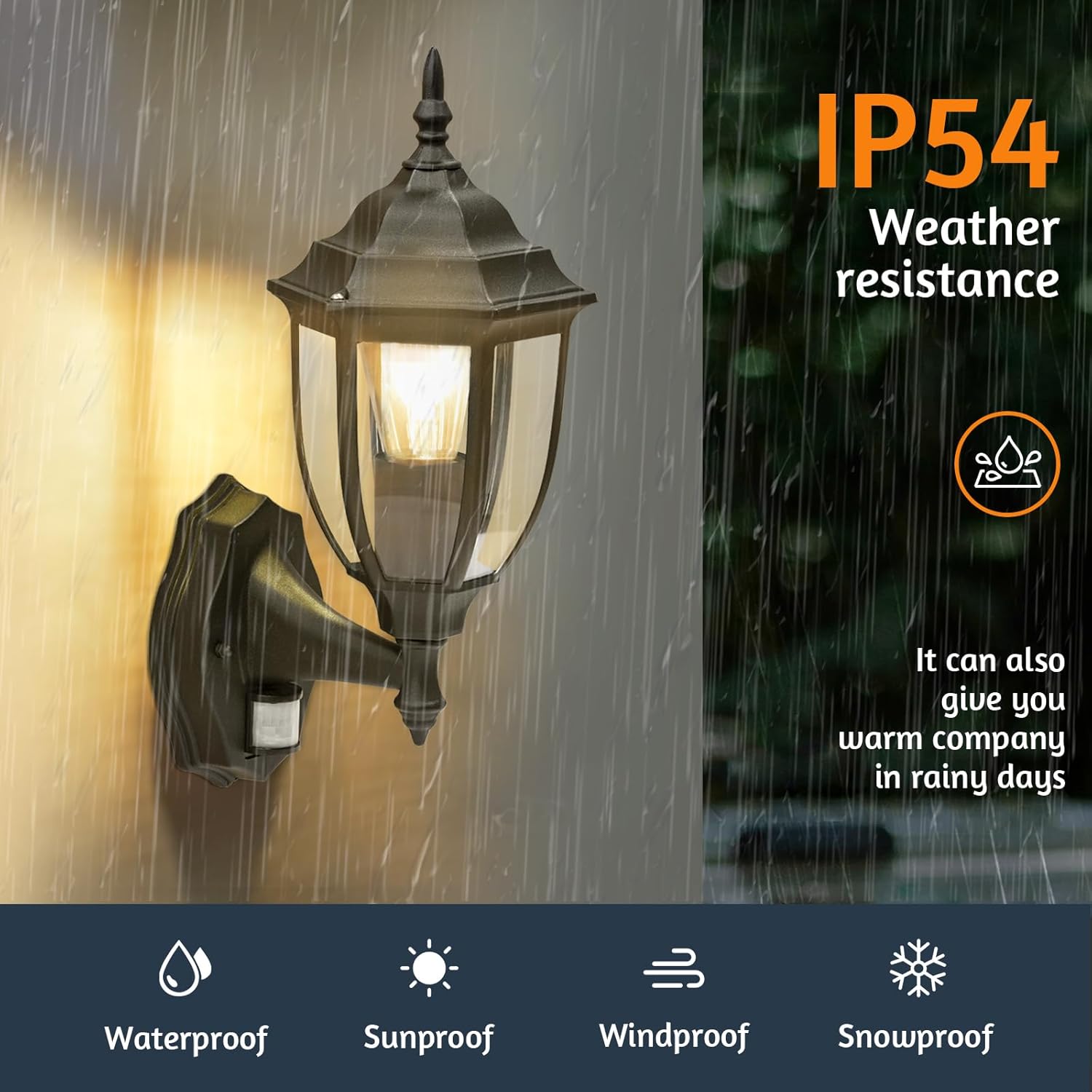 Outdoor wall light fixture with rain resistance rating IP54, shown in a rainy outdoor setting.