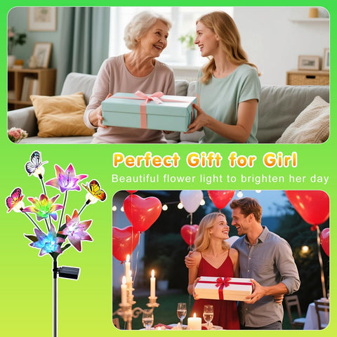 Fohil Solar Lights Outdoor Garden, 2 Pack LED Solar Flower Lights, Lily Flower Butterfly Solar Lights Waterproof Garden Ornaments Outdoor Yard, Patio, Landscape, Walkway Grave Decorations