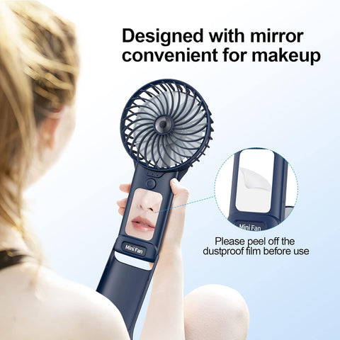 Handheld Fan, USB Rechargeable Mini Portable Fan, Personal Small Silent Hand Fan 4 Speeds with Mirror, Battery Operated Table Desk Fan for Office Outdoor Home Travel (Dark Blue)