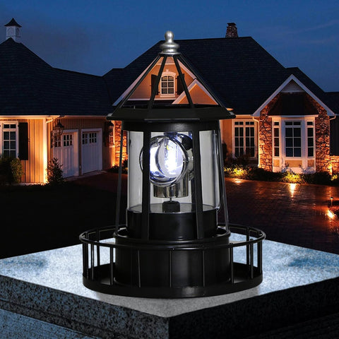 Solar Lighthouse Lamp Auto 360° Rotation Lighthouse Light Waterproof Decorative Metal Solar Garden Lights for Balconies Garden Decorations 5.9x8.3 Inch Black, Pathway Lighting