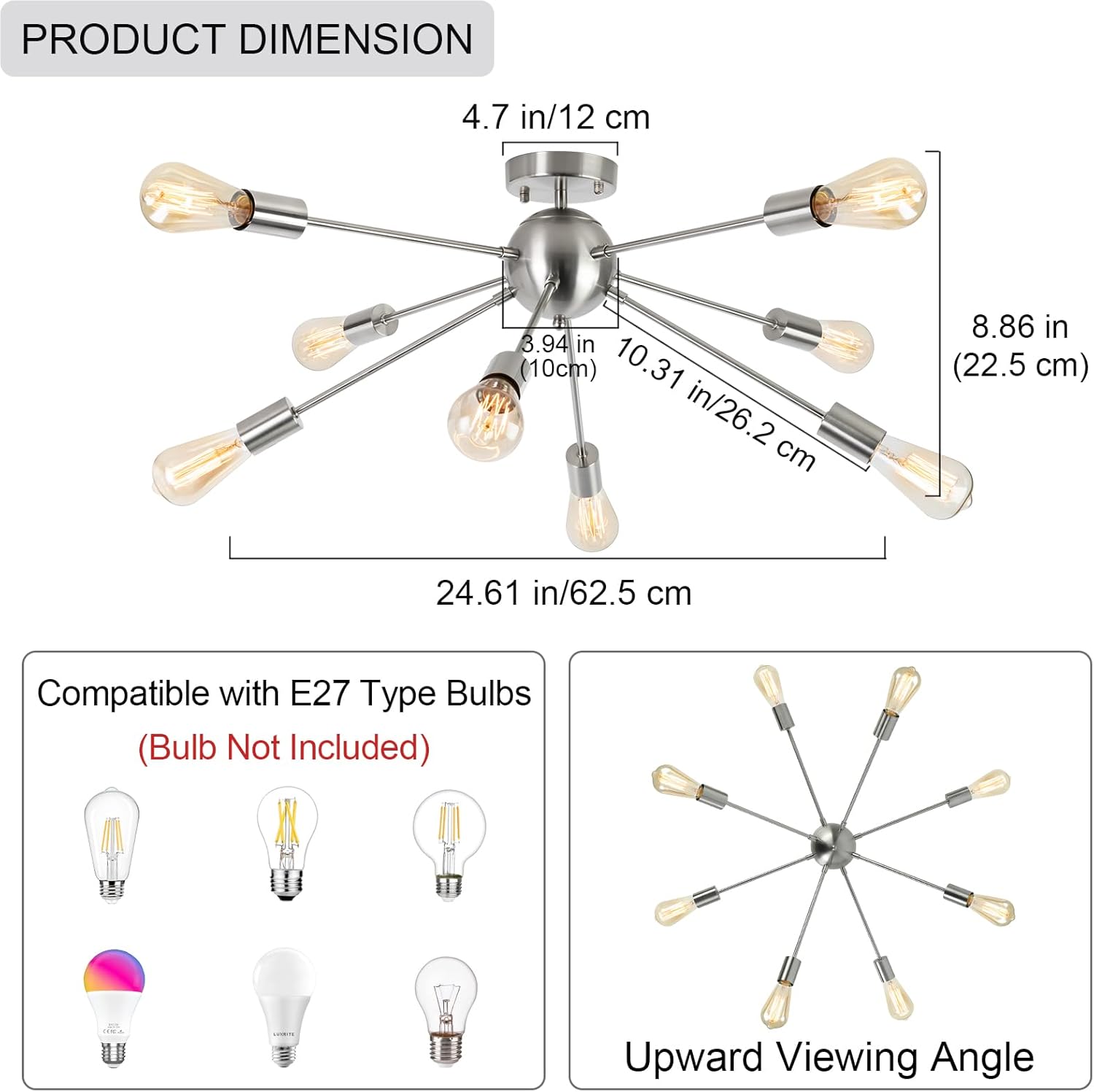 Ceiling light fixture with dimensions and bulb compatibility information on a white background