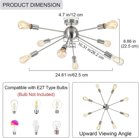 Ceiling light fixture with dimensions and bulb compatibility information on a white background