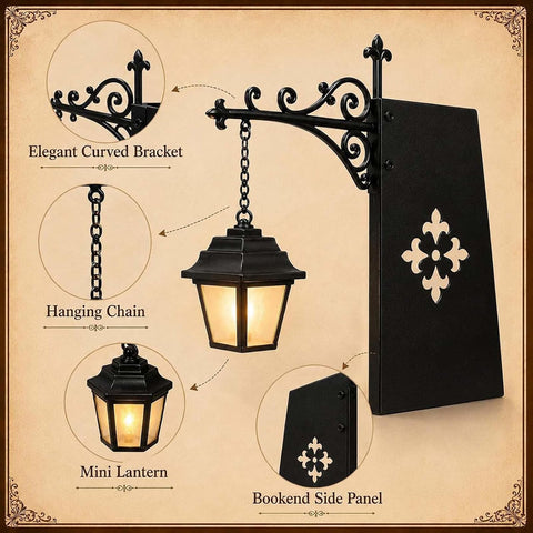 2 Pcs Library Bookshelf Lantern – Vintage Bookshelf Lamp with Warm White LED, Cordless Battery Powered Book Nook Light for Bedroom, Library & Study Room