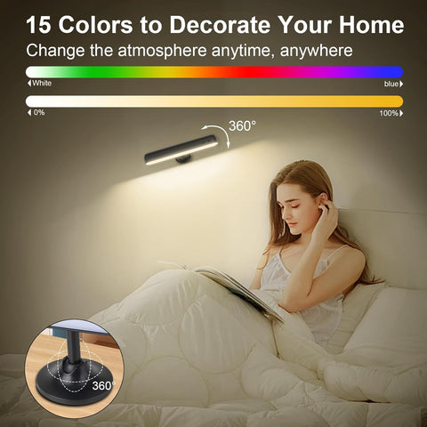 Wall Lights, LED Battery Operated Black Wall Lights with 7500mAh Battery Lamp for Bedroom, 3 Colors with 15 RGB Colors, 360°Rotate & Stepless Dimmable Brightness