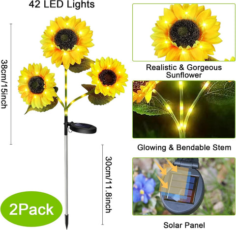 2 Pack Solar Garden Lights Outdoor, Waterproof Sunflower Stake Light with 42 LED & 3 Flowers, Artificial Upgraded FlowerLights for Christmas Garden, Pathway, Patio, Yard Decoration
