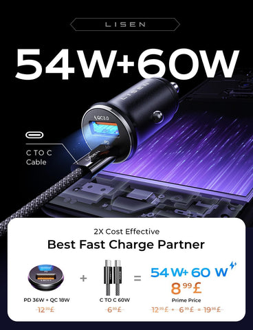 LISEN 54W USB C Car Charger Adapter with 60W Cable