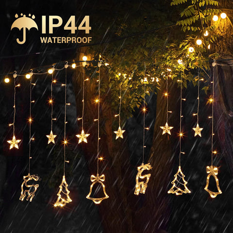 GlobaLink Christmas Curtain Fairy Lights – 138 Warm White LED Stars, Reindeer & Tree Decorations with 8 Flash Modes - Bring a Little Christmas Magic to Every Window