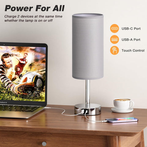Aooshine Touch Bedside Lamp with 2 USB Charging Ports – Grey Table Lamp with 3 Brightness Levels, E27 LED Bulb & Touch Control for Bedroom, Study & Living Room