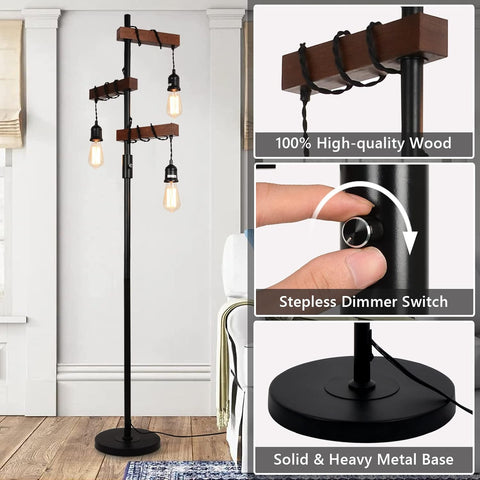 Floor lamp with wooden accents and stepless dimmer switch features, placed in a room.