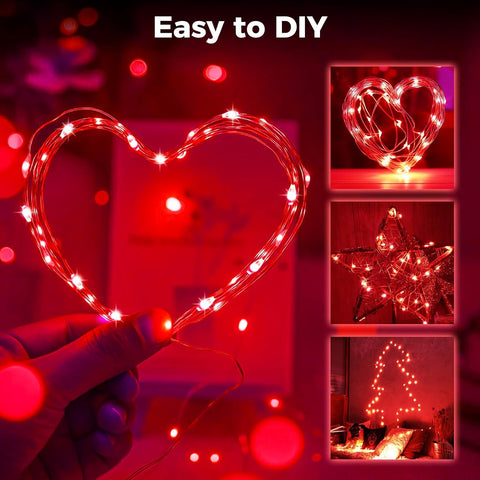 2 Pack Red Fairy Lights Battery Operated with Timer, 2M 20 LED Waterproof Silver Wire String Lights for Indoor Party, Wedding & Valentine’s Day Decor