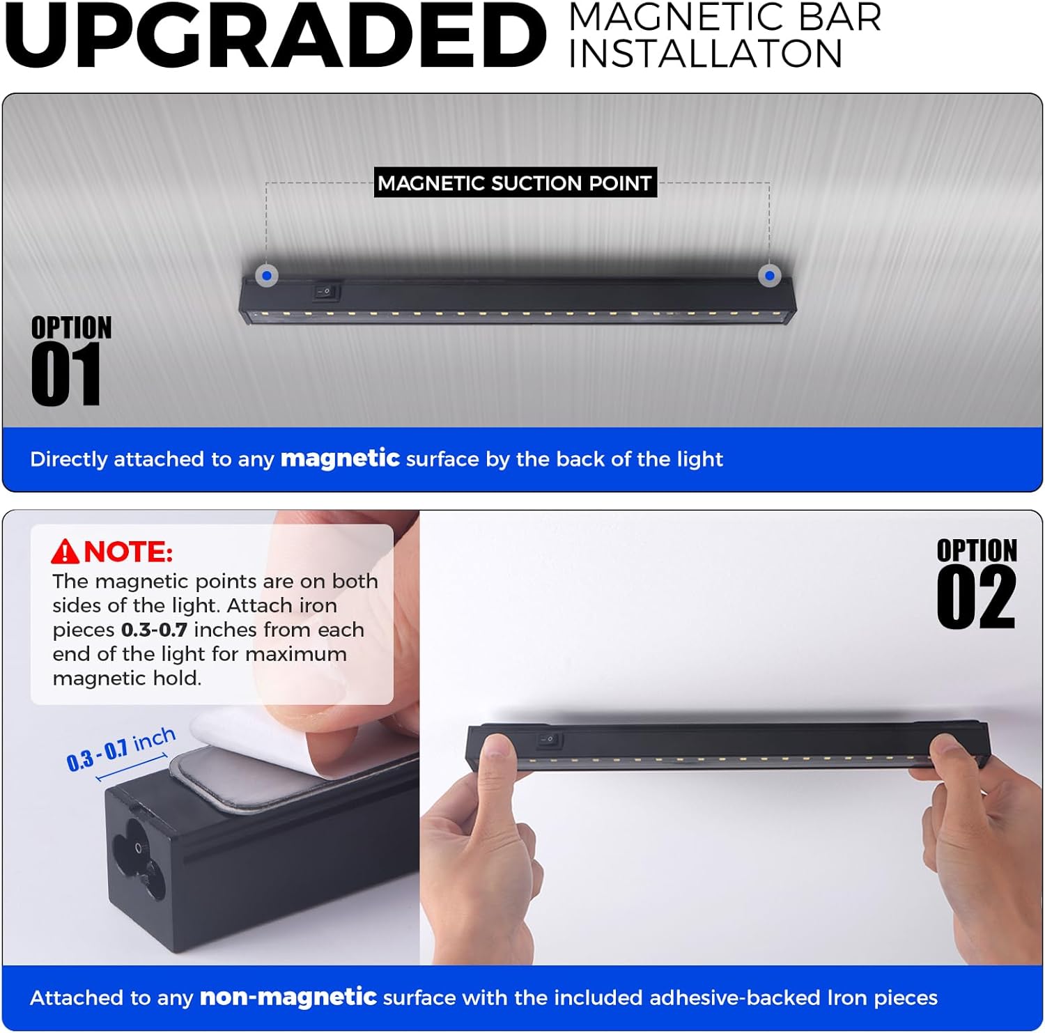 Upgraded magnetic bar installation guide with text and images of hands using the product.