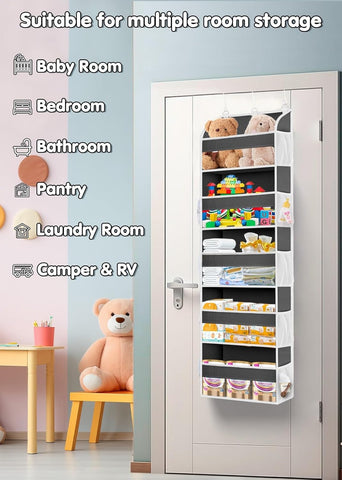 TAHAVICE Over The Door Storage Organiser, 5 Clear Window Pockets and 10 Mesh Side Pockets, Grey – Turn Unused Door Space into Smart Storage