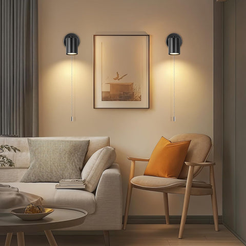 Adjustable Indoor Wall Lamp - GU10 Modern Wall Lights for Living Room - with Pull Cord Switch - Black Wall Spotlight Fixtures - Wall Sconces for Bedroom Bedside Hallway - Bulb Not Included